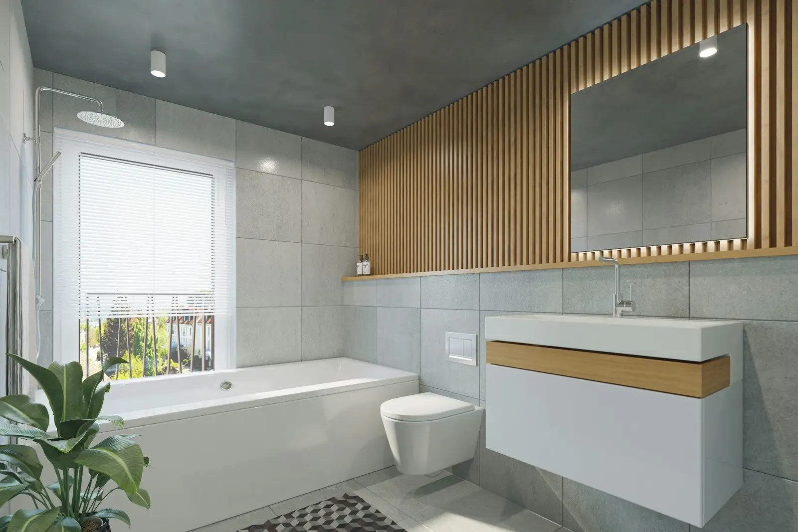Grey bathroom with a bathtub, a wall-hung toilet and wood slats