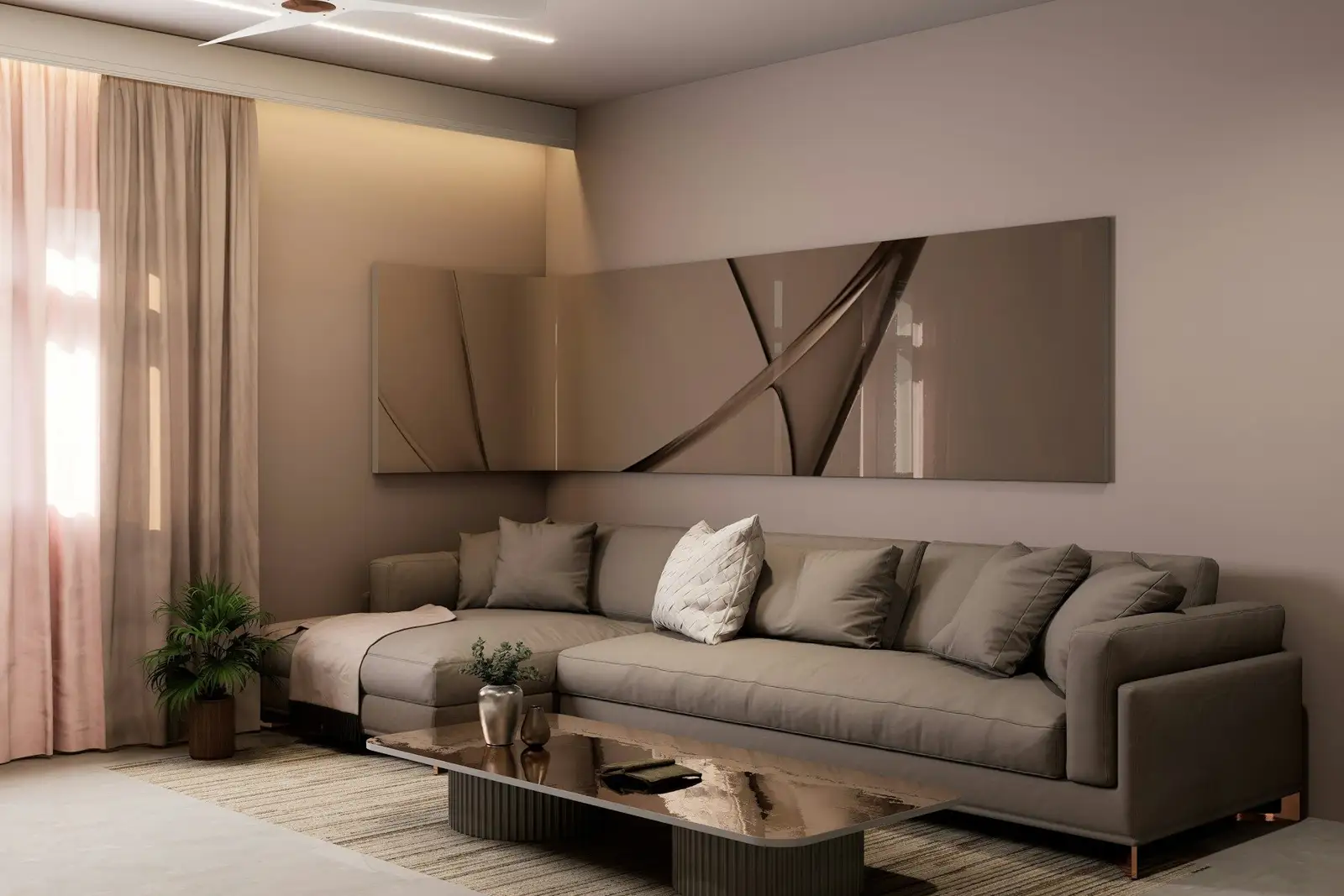 Living room with a long grey sectional sofa