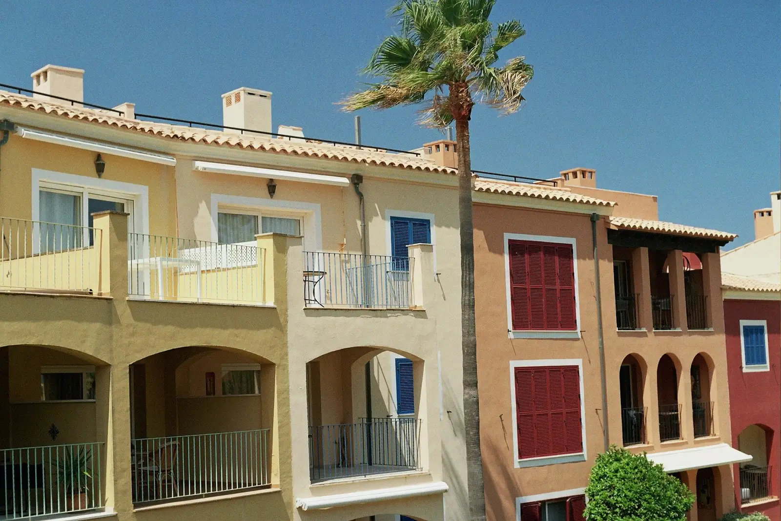 Pastel townhouses with arched porches and a palm tree
