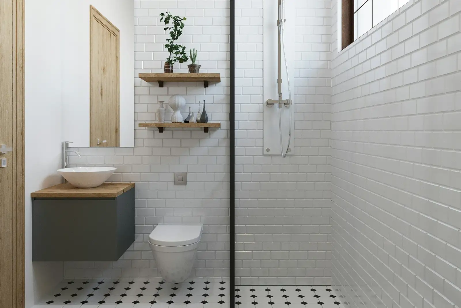 White tiled bathroom with a walk-in shower and a floating vanity